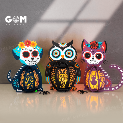 Set 3 Animals Catrina Lantern Template SVG, Day of the Dead Lantern, DIY Halloween, Witch Lantern for Halloween Decoration, GOMArtCraft