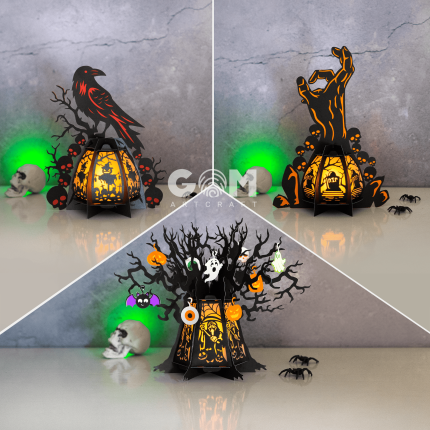 Set 3 Ghost Tree Halloween Lantern Template, DIY Halloween Lantern Paper Cut, Crow Tree Lantern for Halloween Decoration, 3D Halloween, GOMArtCraft