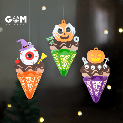 Set 3 Ice Cream Halloween Lantern SVG, DIY Halloween Lantern Template, DIY Halloween Lantern Paper Cut, Pumpkin Lantern for Halloween, GOMArtCraft