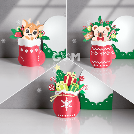 Set 3 Christmas Vase Pop-up Card, Reindeer Pop-up Card, Christmas Socks Card, Santa Claus Gift Bag Pop-up Card, 3D Christmas Papercut Card, GOMArtCraft