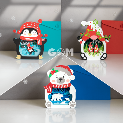 Set 3 Christmas Pop-up Card, Penguin-Bear-Gnome Christmas Pop-up Card, DIY Pop-up Card Christmas Ornaments, 3D Christmas Papercut Card 3D, GOMArtCraft