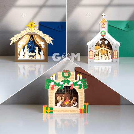 Set 3 Nativity Scene Pop-up Card 3D, Christmas Pop-up Card 3D SVG, Christmas Fireplace Pop-up Card, Nativity Church Christmas Papercut Card, GOMArtCraft