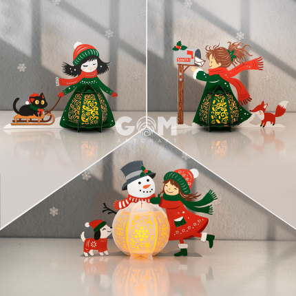 Set 3 Winter Girl Lantern SVG, Snowman Lantern Template, DIY Lantern Christmas Ornaments GOMArtCraft