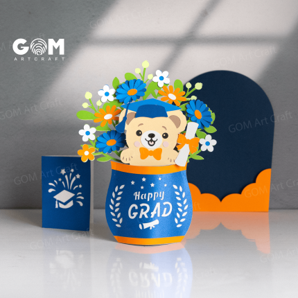 Graduation Pop-up Card Template, Graduation Bear Pop-up Card, Flower Graduation Card SVG GOMArtCraft