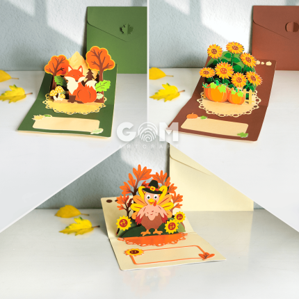 Set 3 Autumn Pop-up Card Template, Turkey-Pumpkin-Fox Card, Thanksgiving DIY Ornaments GOMArtCraft