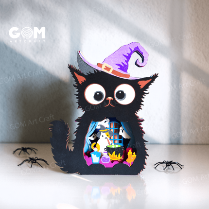 Black Cat Halloween Pop-up Card SVG, Halloween Paper Cut Template, Witch 3D Layer Paper Card GOMArtCraft