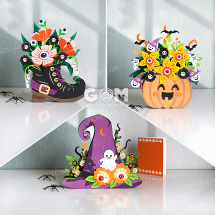 Witch's Hat Pop-up Card SVG, Witch's Shoes Paper Cut Template, Pumpkin and Flower Halloween 3D Layer Paper Card GOMArtCraft