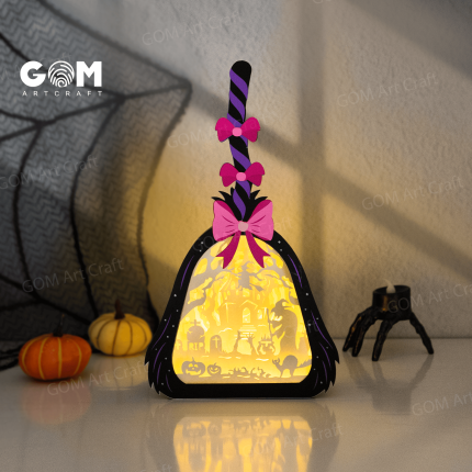 Witch's Broomstick Shadow Box Template, Witch Lantern SVG, DIY Halloween Papercut Light Box GOMArtCraft
