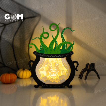 Witch Cauldron Shadow Box Template, Witch's Poison Lantern, DIY Halloween Papercut Light Box GOMArtCraft