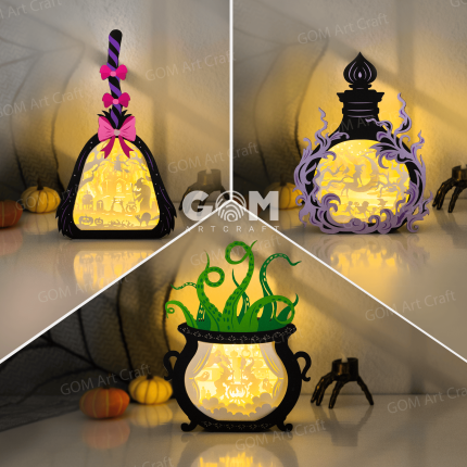 Witch Potion Shadow Box Template, Witch Cauldron Papercut Light Box, Witch's Broomstick 3D SVG (Digital Download) GOMArtCraft