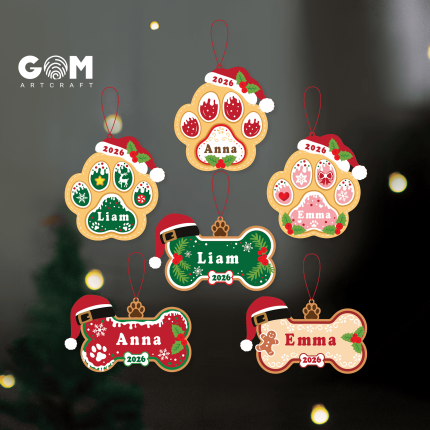 Set 6 Christmas Dog Bone Ornament SVG, Personalized Pet Name Tag, Christmas 3D Layered, Hanger Christmas Paper Cut, Template Cricut Joy GOMArtCraft