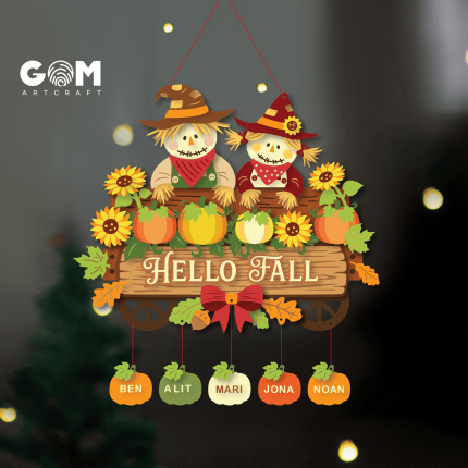 Door Hanger Hello Fall Paper Cut SVG, Autumn 3D Layered, Pumpkin Multilayer Papercraft Template, Wall Art Decor SVG GOMArtCraft